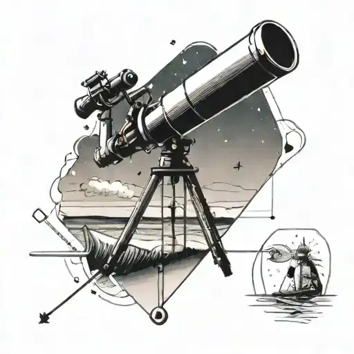 A minimalist tattoo of a beach scene with a telescope looking out into the cosmos, blending the client's love for the beach with their fascination with science and space tattoo design idea