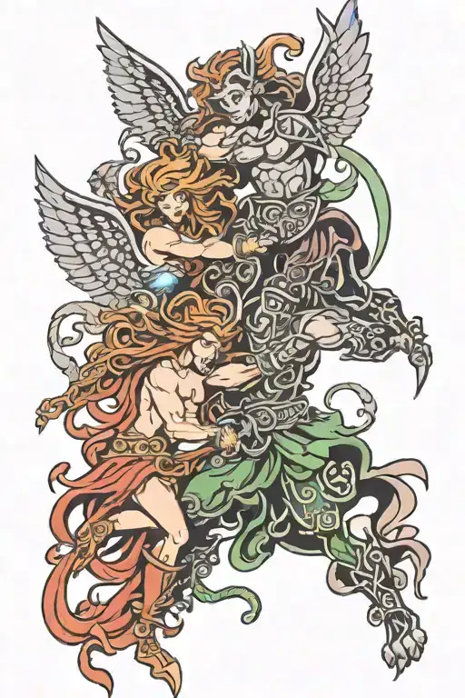 Celtic angels and demon warriors fighting  tattoo design idea