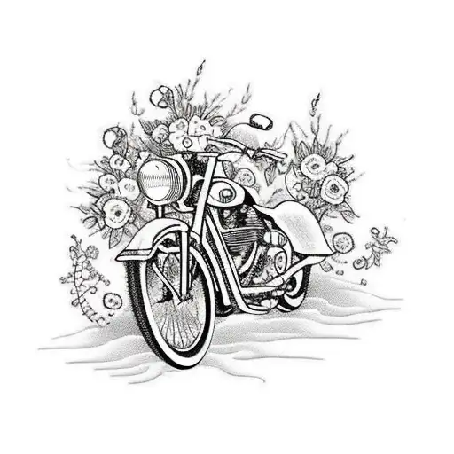 bike with flowers black and white tattoo design idea