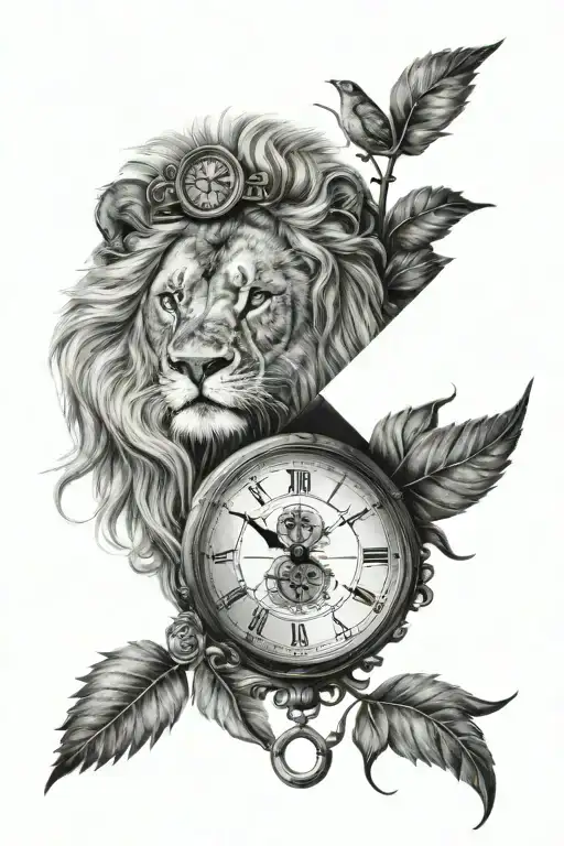 lion compass and clock between granny tattoo design idea