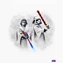 Anakin Skywalker and Darth Vader with red and blue lightsabers tattoo design idea