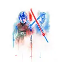 Anakin Skywalker and Darth Vader with red and blue lightsabers tattoo design idea
