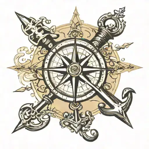 old map compass anchor quill pen tattoo design idea