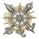 old map compass anchor quill pen tattoo design idea