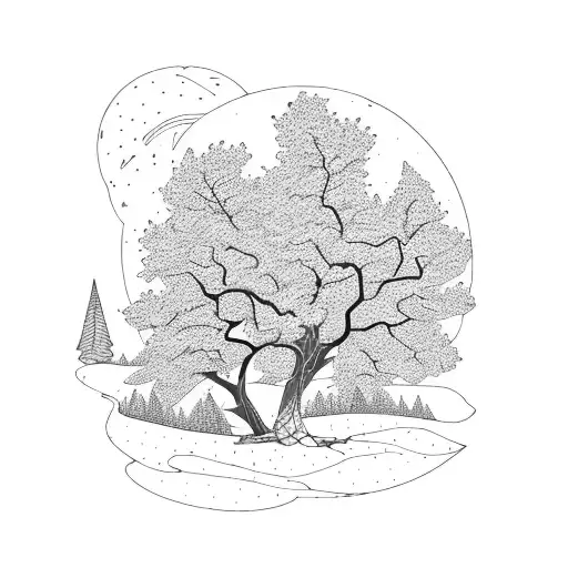 mountain and oak tree tattoo design idea