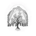 mountain and oak tree tattoo design idea