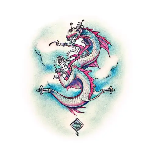 dragon playing trumpet tattoo design idea
