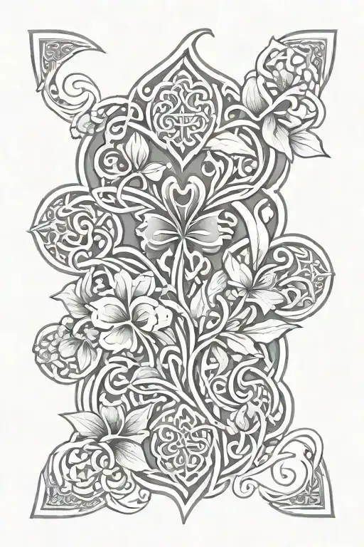 arm sleeve, with an irish celtic design incorperating lillys, 4 leaf clover and celtic knots tattoo design idea