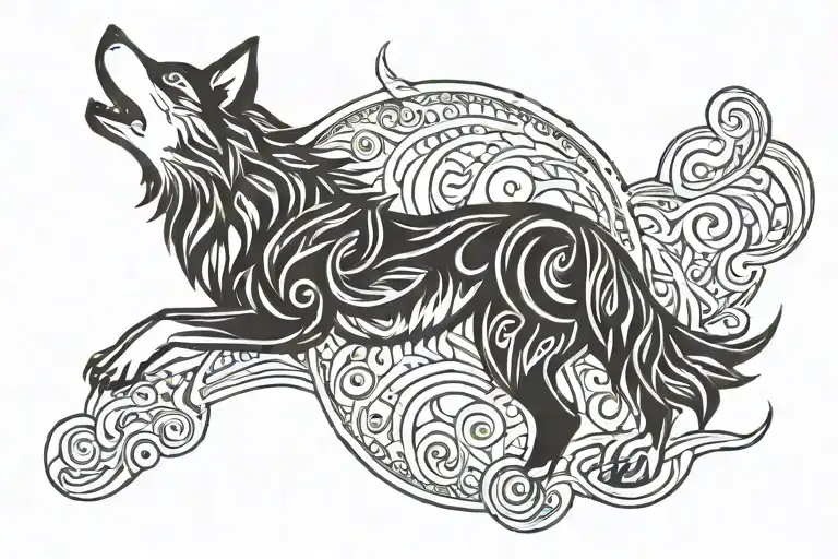 nordic wolf howling moon tattoo design idea