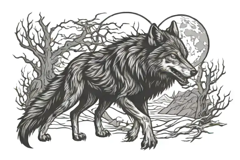 nordic wolf howling moon tattoo design idea