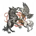 crow and wolf fighting tattoo design idea