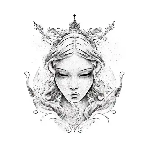 Create a vector graphic black and white tattoo template for the whole arm with a melancholic mermaid, from behind, looki tattoo design idea