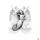 Create a vector graphic black and white tattoo template for the whole arm with a melancholic mermaid, from behind, looki tattoo design idea