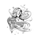 Create a vector graphic black and white tattoo template for the whole arm with a melancholic mermaid, from behind, looki tattoo design idea
