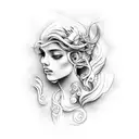 Create a vector graphic black and white tattoo template for the whole arm with a melancholic mermaid, from behind, looki tattoo design idea