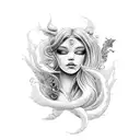 Create a vector graphic black and white tattoo template for the whole arm with a melancholic mermaid, from behind, looki tattoo design idea