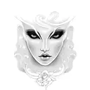 Create a vector graphic black and white tattoo template for the whole arm with a melancholic mermaid, from behind, looki tattoo design idea