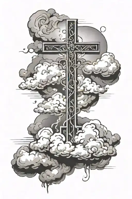 cross, with clouds and the verse mark 9:23 tattoo design idea