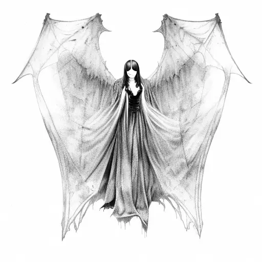 A hauntingly beautiful portrait of a gothic woman with bat wings, rendered in black-grey style tattoo design idea
