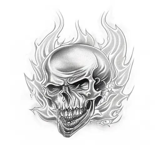 A gothic-inspired tattoo of a hot rod engulfed in flames with skulls in the background tattoo design idea