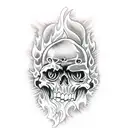 A gothic-inspired tattoo of a hot rod engulfed in flames with skulls in the background tattoo design idea