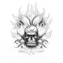 A gothic-inspired tattoo of a hot rod engulfed in flames with skulls in the background tattoo design idea
