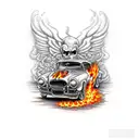A gothic-inspired tattoo of a hot rod engulfed in flames with skulls in the background tattoo design idea