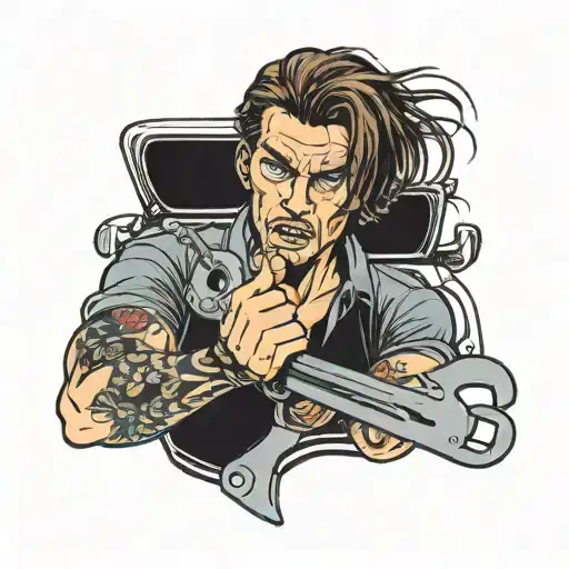 man with brown hair and blue eyes stabding at side of a car holding a spanner tattoo design idea