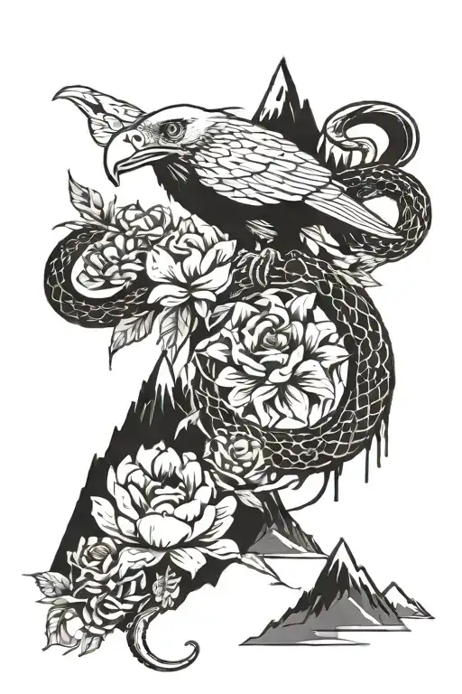 snake wrapped, flowers coming, mountain, eagle flying tattoo design idea