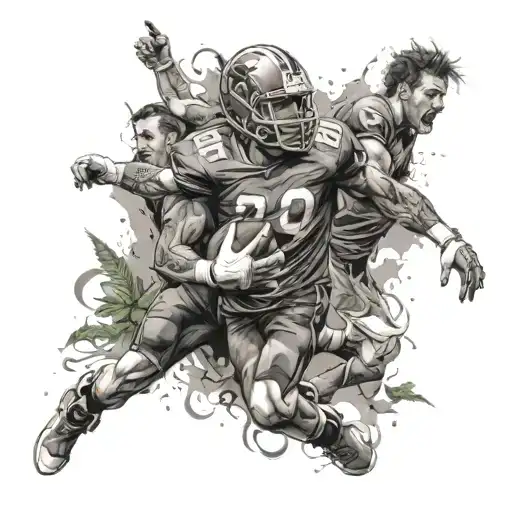 A football player surrounded by friends cheering, with a hint of weed leaves in the background, in a black-grey style tattoo design idea
