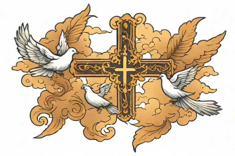 clouds with a cross in middle and two doves flying tattoo design idea