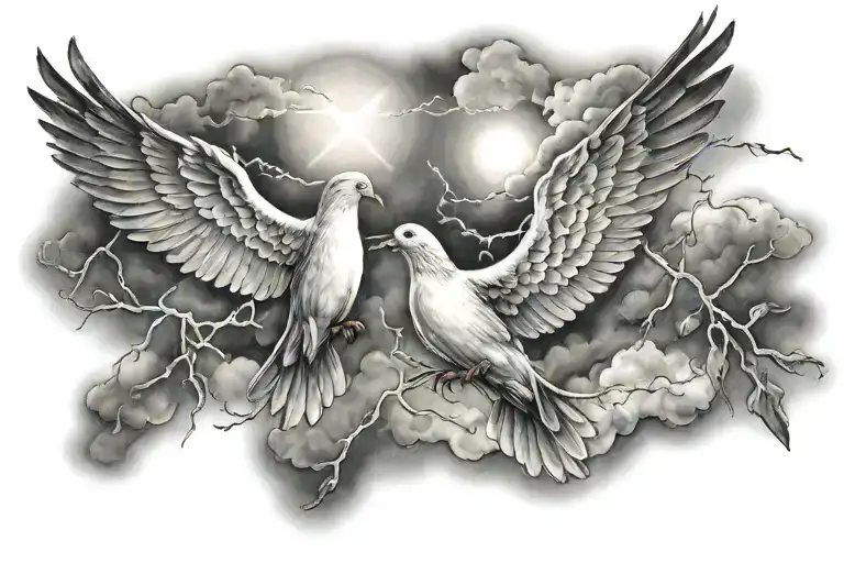 clouds with shining lights with two doves  and a cross  tattoo design idea