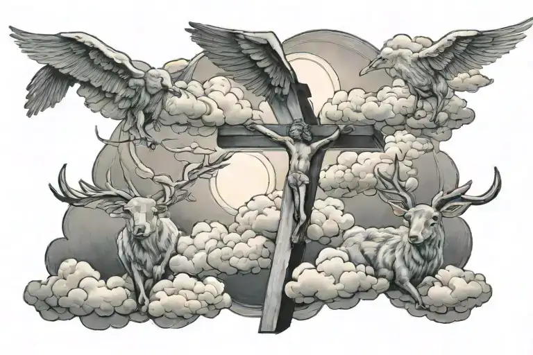 clouds with shining lights with two does and a cross  tattoo design idea