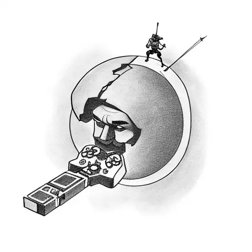 Design a black-grey tattoo of Atlas the giant holding a video game controller instead of the Earth tattoo design idea