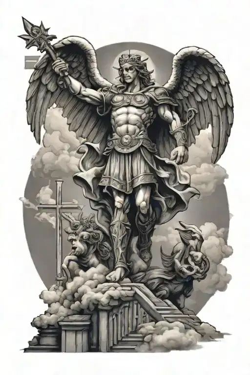 st michael statue holding cross and stepping on the devil with clouds and sunrays in background and stairs under  tattoo design idea