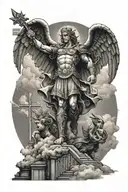st michael statue holding cross and stepping on the devil with clouds and sunrays in background and stairs under  tattoo design idea