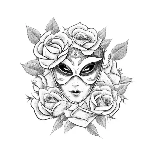 Happy and Sad mask with roses and cards tattoo design idea