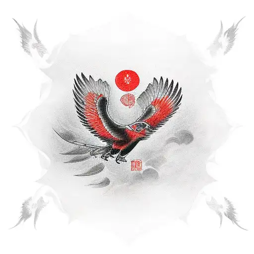 crow with open wings, facing towards spectator, apiers on stomach area from side to side tattoo design idea