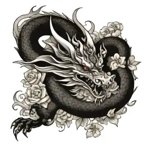 dragon with flowers and chines handwriting  tattoo design idea