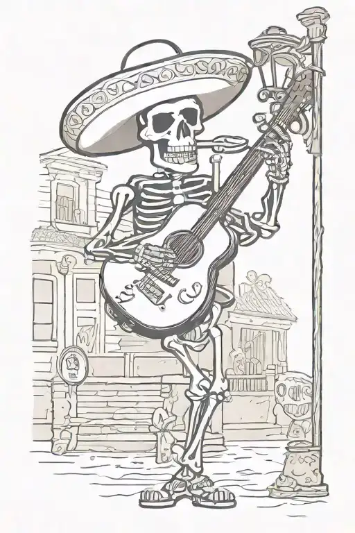a sad mariachi skeleton playing guitar under a street light tattoo design idea