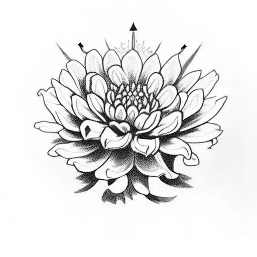 King's Crown with plant of zinnia and chrysanthemum  tattoo design idea