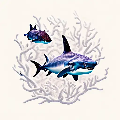 dark coral theme with shark, blowfish, vampire squid and similar sea life tattoo design idea