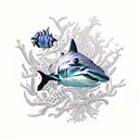 dark coral theme with shark, blowfish, vampire squid and similar sea life tattoo design idea