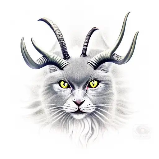 nebelung cat face with long devil horns look alike goat horn and demonic symbols between the horns tattoo design idea