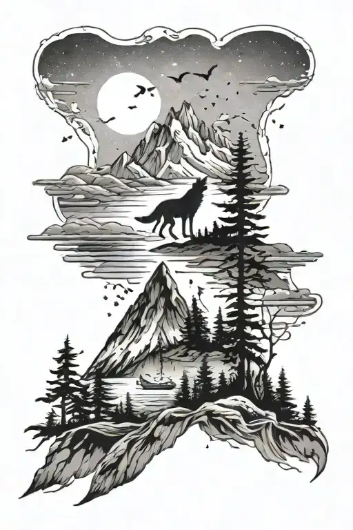 mountains, pine trees, ocean waves, sun, moon, palm treese, sun, stars, sail boat, wolf, birds, stars tattoo design idea