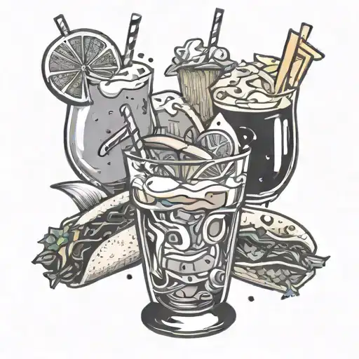 A delicious-looking tattoo of a cocktail glass filled with various food items like tacos, ice cream, and fries, capturing your love for cocktails and food tattoo design idea