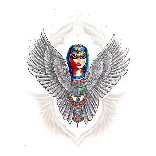 red Egyptian beautiful woman goddess with wings tattoo design idea