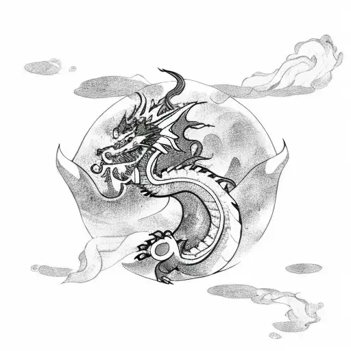 Downward facing dragon with flame clouds tattoo design idea