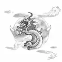 Downward facing dragon with flame clouds tattoo design idea