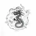 Downward facing dragon with flame clouds tattoo design idea